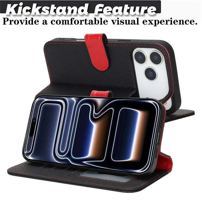 For iPhone 18 Pro Max / 17 Pro Max Stand Case Litchi Texture Genuine Cow Leather Wallet Phone Cover RFID Blocking - Black  /  Red - 3