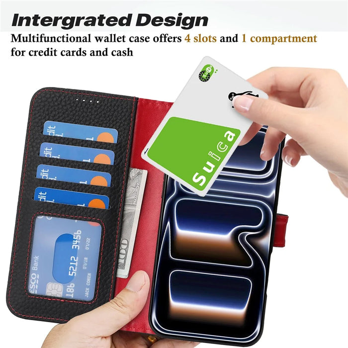 For iPhone 18 Pro Max / 17 Pro Max Stand Case Litchi Texture Genuine Cow Leather Wallet Phone Cover RFID Blocking - Black  /  Red - 4