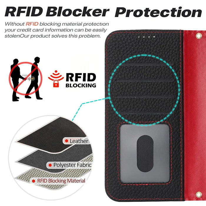 For iPhone 18 Pro Max / 17 Pro Max Stand Case Litchi Texture Genuine Cow Leather Wallet Phone Cover RFID Blocking - Black  /  Red - 5