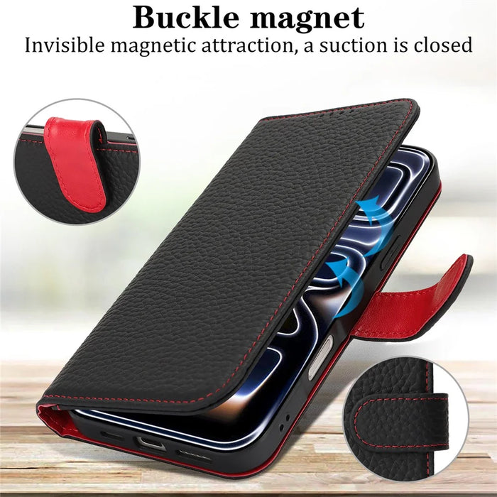 For iPhone 18 Pro Max / 17 Pro Max Stand Case Litchi Texture Genuine Cow Leather Wallet Phone Cover RFID Blocking - Black  /  Red - 6