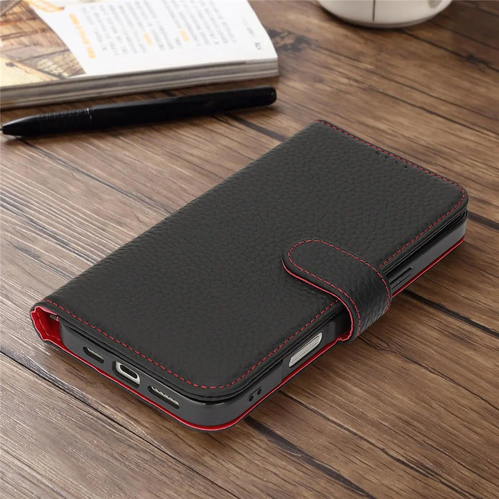 For iPhone 18 Pro Max / 17 Pro Max Stand Case Litchi Texture Genuine Cow Leather Wallet Phone Cover RFID Blocking - Black  /  Red - 7