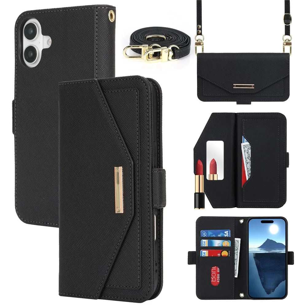 For iPhone 17 Stand Case Cross Texture PU Leather Wallet Phone Cover with Shoulder Strap  /  Makeup Mirror - Black - 1