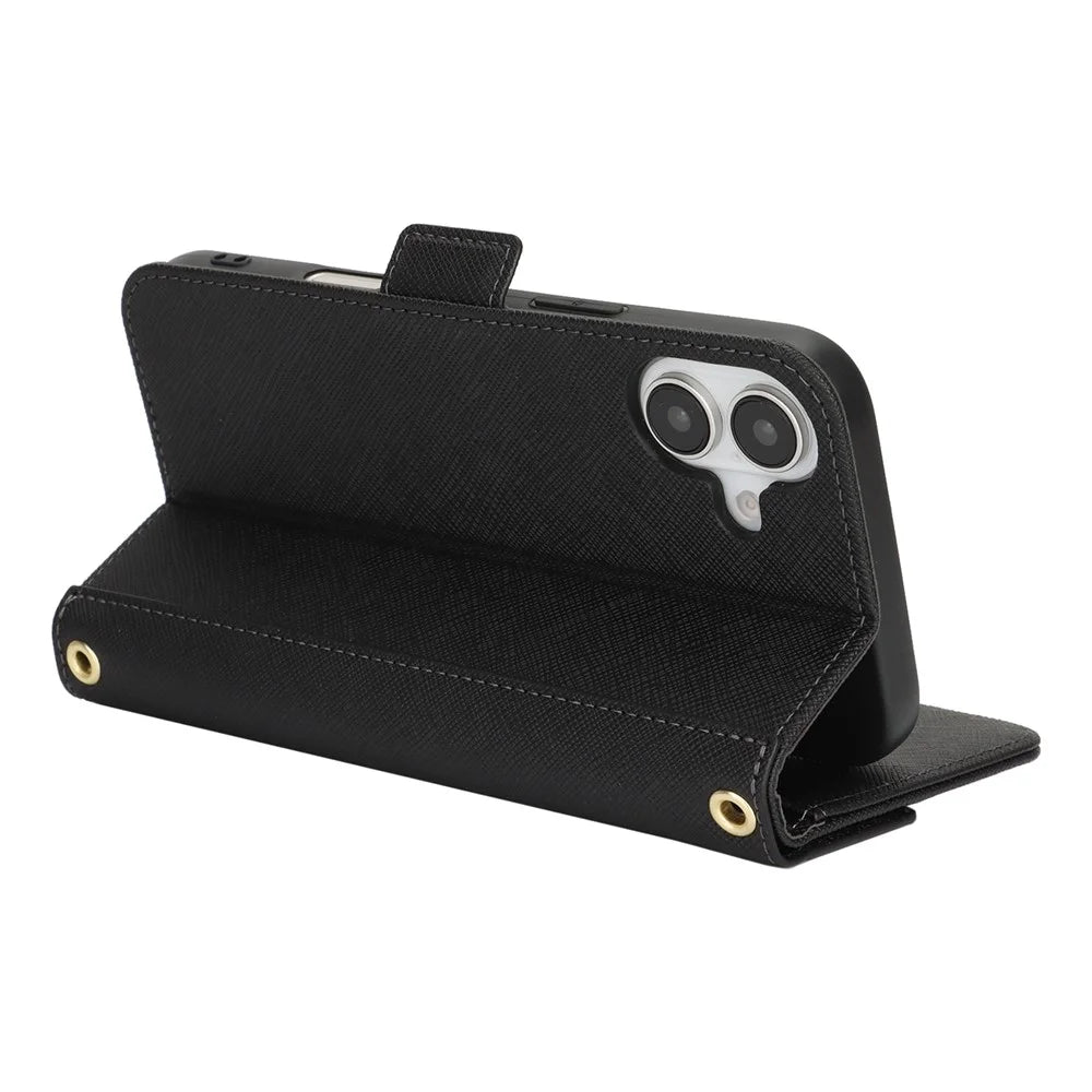 For iPhone 17 Stand Case Cross Texture PU Leather Wallet Phone Cover with Shoulder Strap  /  Makeup Mirror - Black - 6