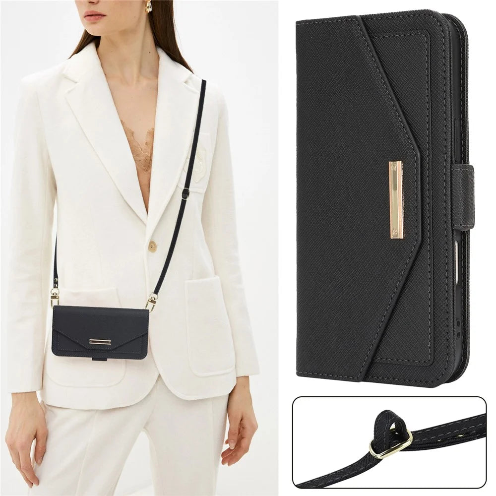 For iPhone 17 Stand Case Cross Texture PU Leather Wallet Phone Cover with Shoulder Strap  /  Makeup Mirror - Black - 7