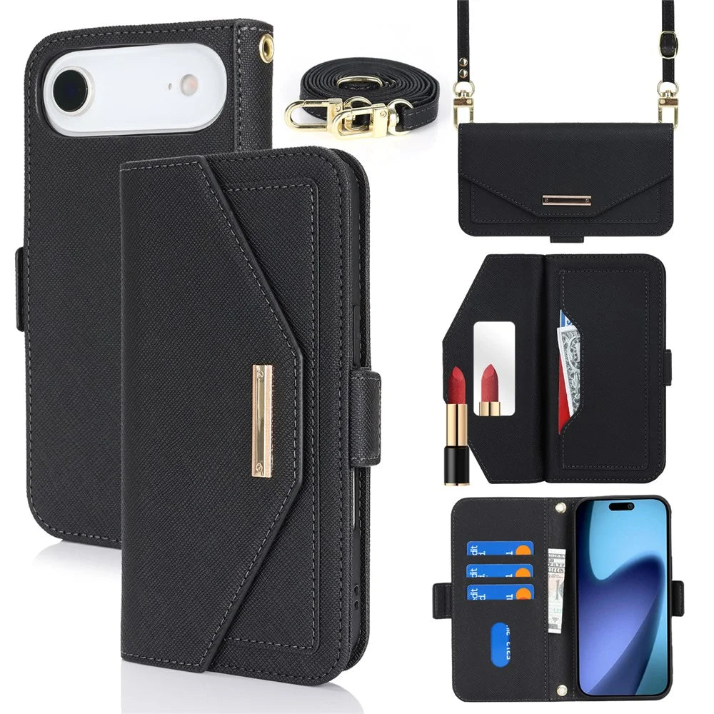 For iPhone Air Stand Case Cross Texture PU Leather Wallet Phone Cover with Shoulder Strap  /  Makeup Mirror - Black - 1