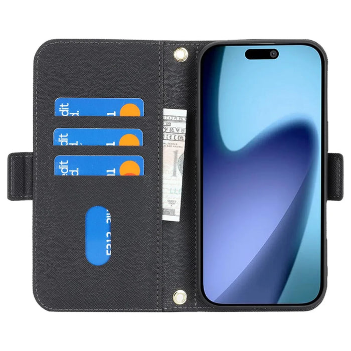 For iPhone Air Stand Case Cross Texture PU Leather Wallet Phone Cover with Shoulder Strap  /  Makeup Mirror - Black - 2