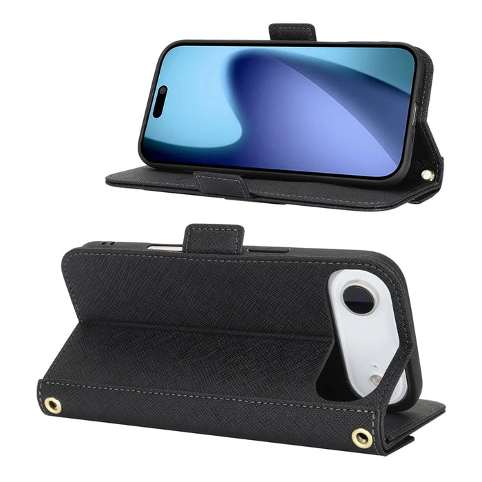 For iPhone Air Stand Case Cross Texture PU Leather Wallet Phone Cover with Shoulder Strap  /  Makeup Mirror - Black - 3