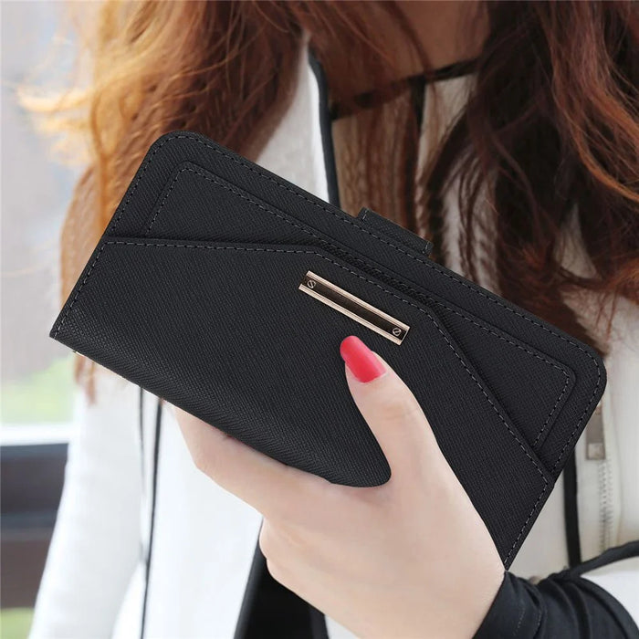 For iPhone Air Stand Case Cross Texture PU Leather Wallet Phone Cover with Shoulder Strap  /  Makeup Mirror - Black - 7