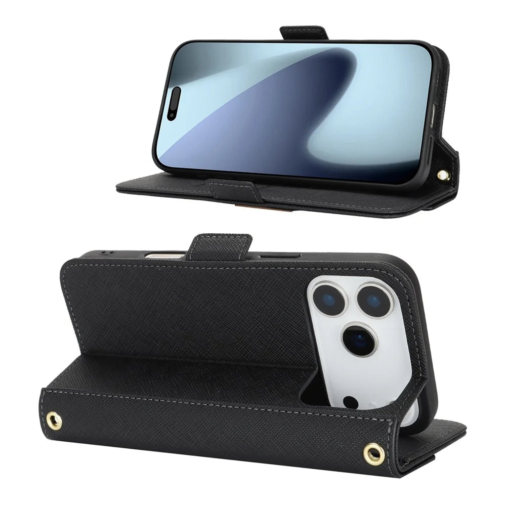 For iPhone 18 Pro / 17 Pro Stand Case Cross Texture PU Leather Wallet Phone Cover with Shoulder Strap  /  Makeup Mirror - Black - 3
