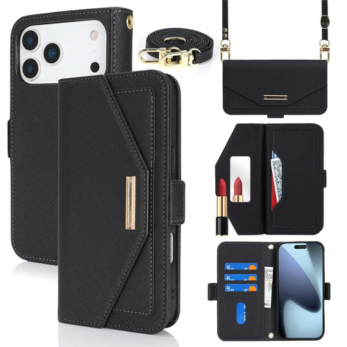 For iPhone 18 Pro Max / 17 Pro Max Stand Case Cross Texture PU Leather Wallet Phone Cover with Shoulder Strap  /  Makeup Mirror - Black - 1