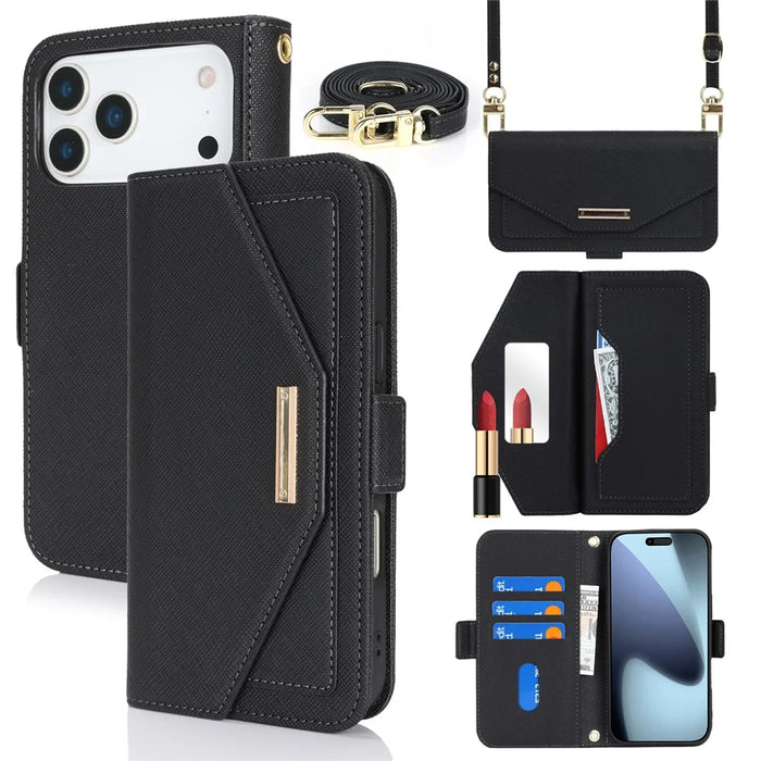 For iPhone 18 Pro Max / 17 Pro Max Stand Case Cross Texture PU Leather Wallet Phone Cover with Shoulder Strap  /  Makeup Mirror - Black - 1