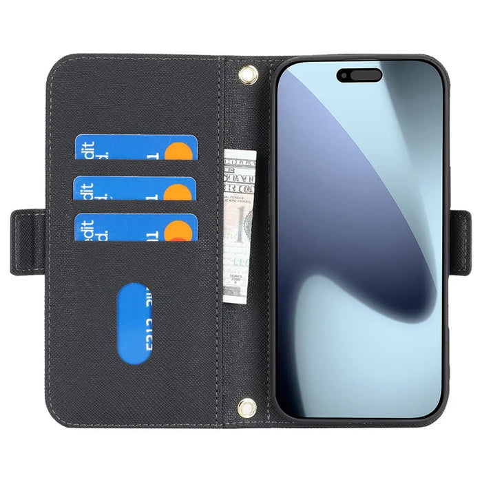 For iPhone 18 Pro Max / 17 Pro Max Stand Case Cross Texture PU Leather Wallet Phone Cover with Shoulder Strap  /  Makeup Mirror - Black - 2