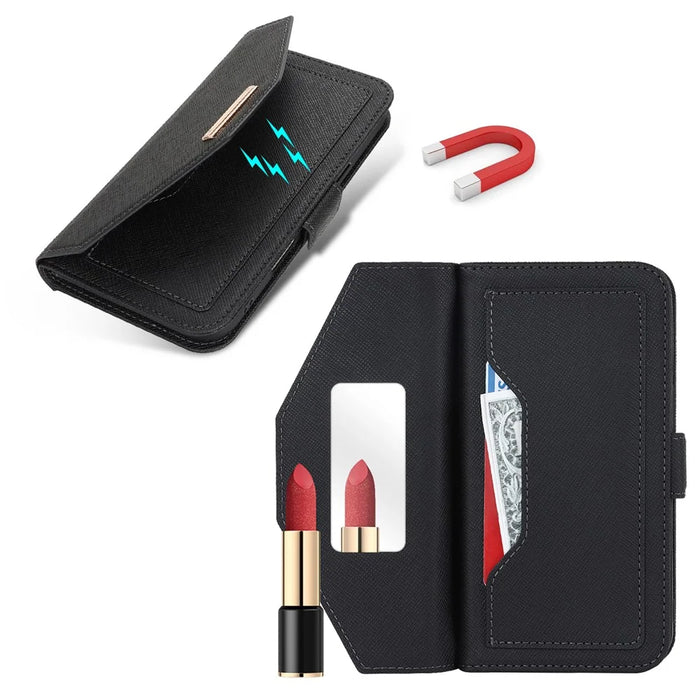 For iPhone 18 Pro Max / 17 Pro Max Stand Case Cross Texture PU Leather Wallet Phone Cover with Shoulder Strap  /  Makeup Mirror - Black - 4