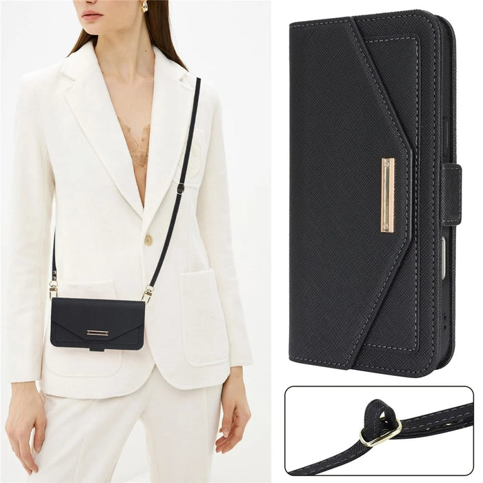 For iPhone 18 Pro Max / 17 Pro Max Stand Case Cross Texture PU Leather Wallet Phone Cover with Shoulder Strap  /  Makeup Mirror - Black - 6