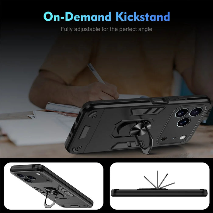 For iPhone 17 Pro Case PC + TPU Drop Defend Phone Cover with Ring Kickstand - Black - 6