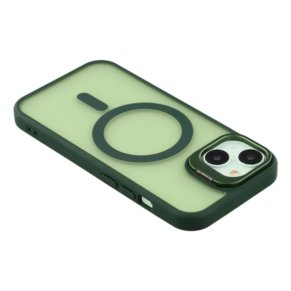 For iPhone 15 Plus / 14 Plus Case Compatible with MagSafe Lens Kickstand TPU + PC Matte Phone Cover - Dark Green - 6