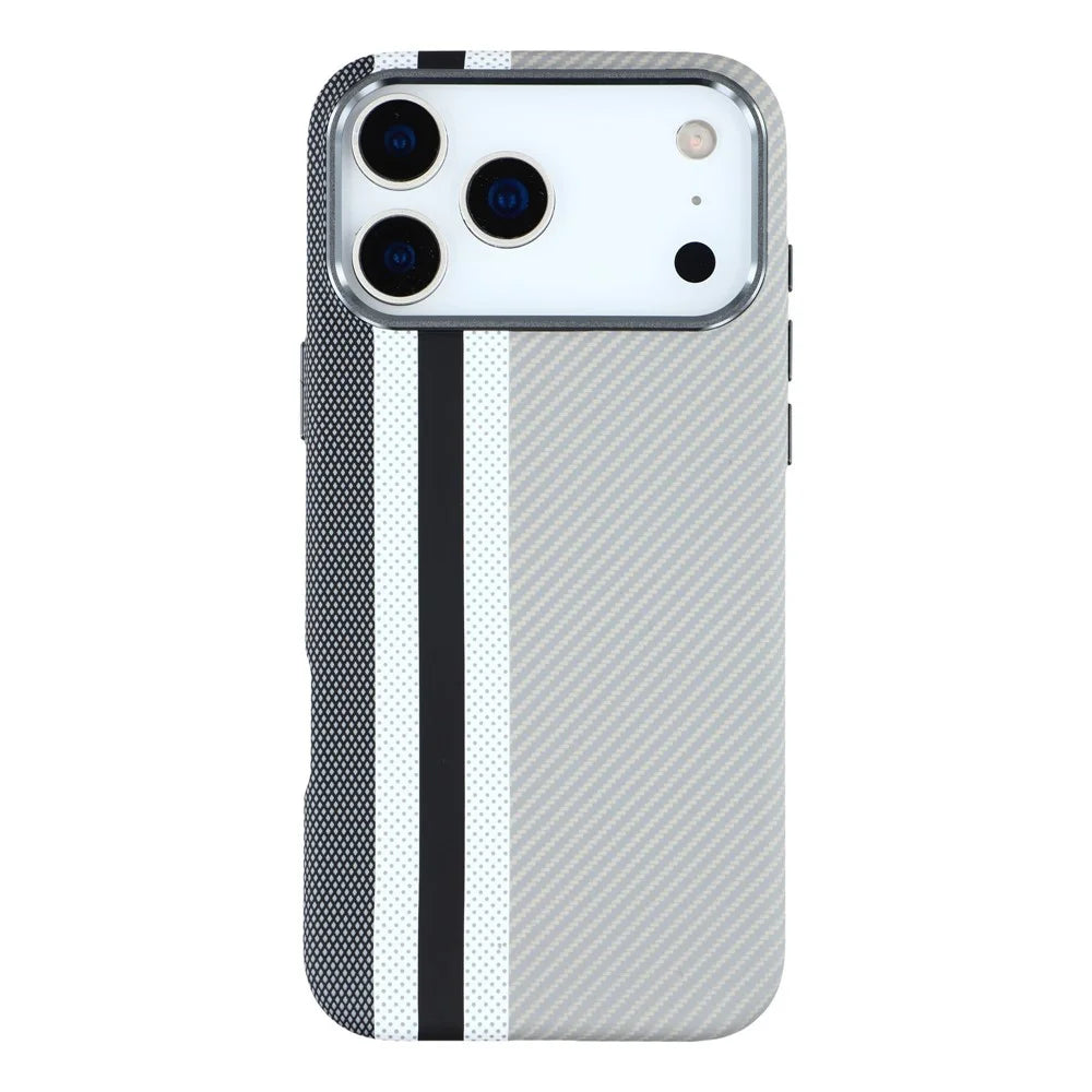 For iPhone 17 Pro Max Magnetic Case Water Transfer Printing Metal Frame PC Phone Back Cover - Grey Stripes - 1
