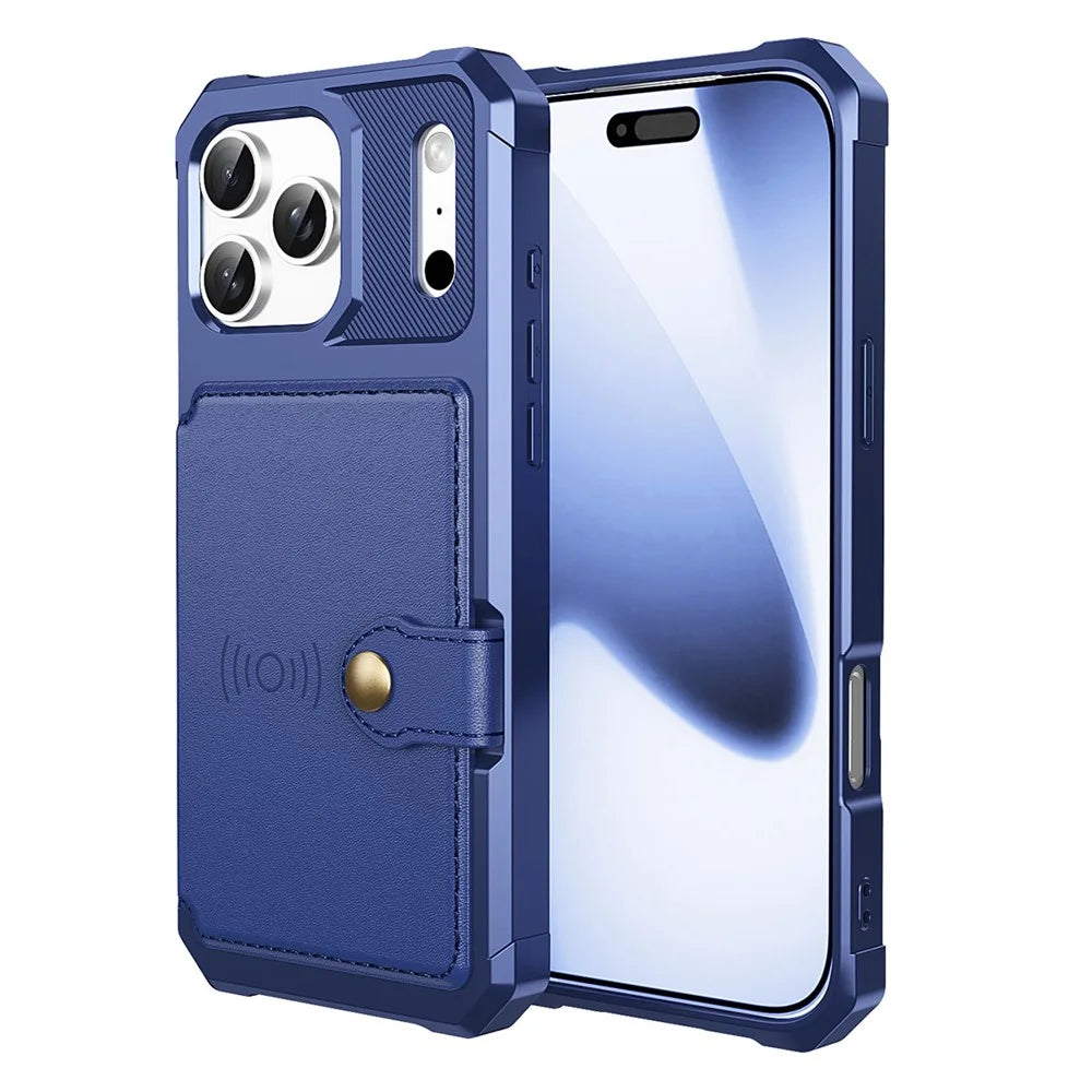 For iPhone 17 Pro Max Case with Card Holder PU Leather + TPU Phone Back Cover - Blue - 1