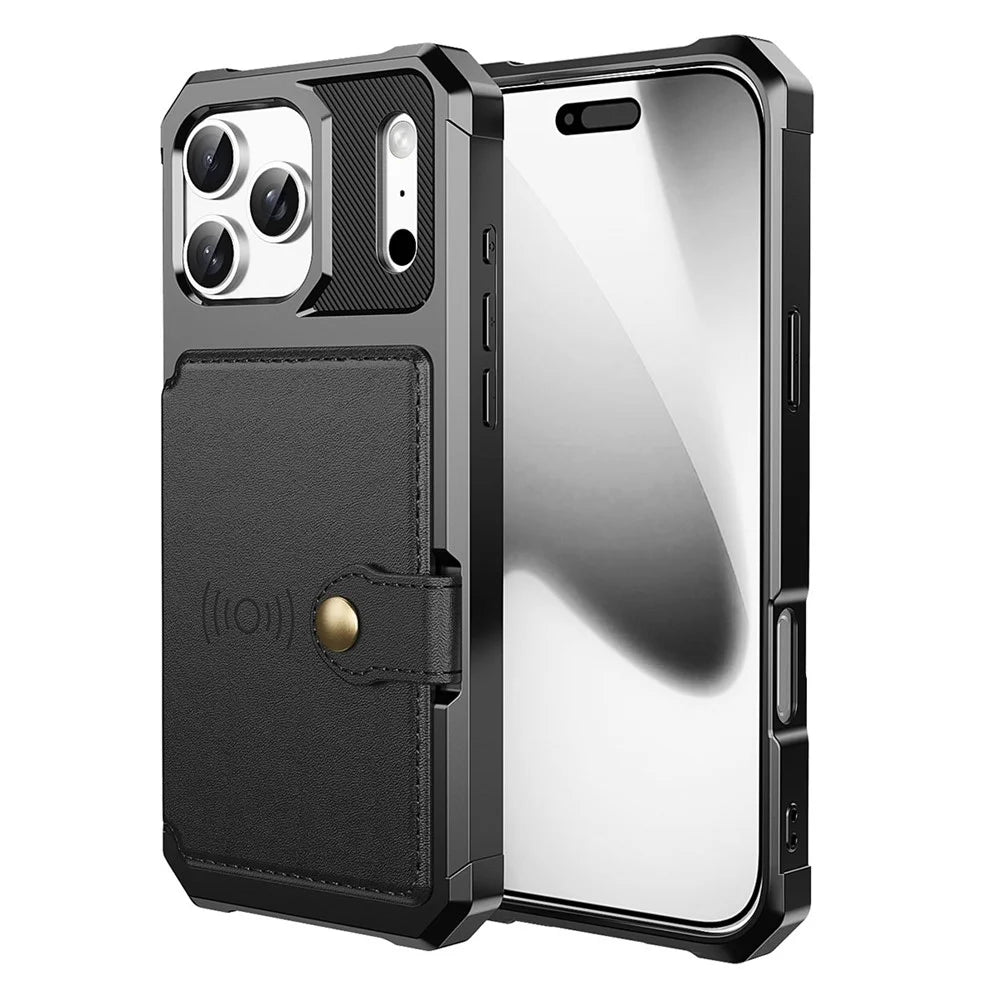 For iPhone 17 Pro Case with Card Holder PU Leather + TPU Phone Back Cover - Black - 1