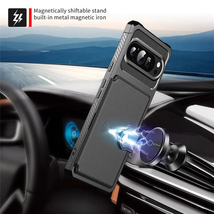 For Google Pixel 10 Pro XL Case with Card Holder PU Leather + TPU Phone Back Cover - Black - 6