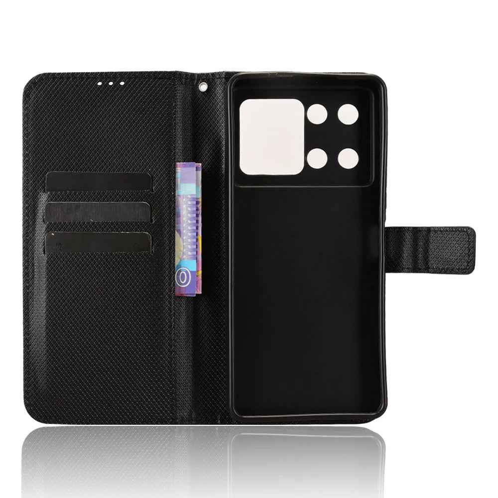 For Cubot P90 Leather Wallet Case with Strap Diamond Texture Phone Cover - Black - 5