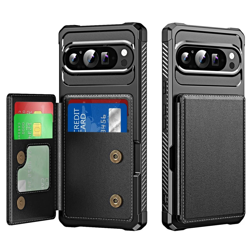 For Google Pixel 10 / Pixel 10 Pro Case Card Slot Kickstand Leather + TPU Reinforced Corner Phone Cover - Black - 1