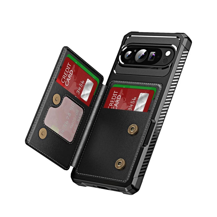 For Google Pixel 10 / Pixel 10 Pro Case Card Slot Kickstand Leather + TPU Reinforced Corner Phone Cover - Black - 2