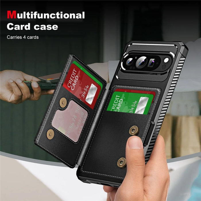 For Google Pixel 10 / Pixel 10 Pro Case Card Slot Kickstand Leather + TPU Reinforced Corner Phone Cover - Black - 3