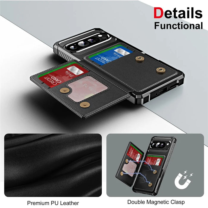 For Google Pixel 10 / Pixel 10 Pro Case Card Slot Kickstand Leather + TPU Reinforced Corner Phone Cover - Black - 6