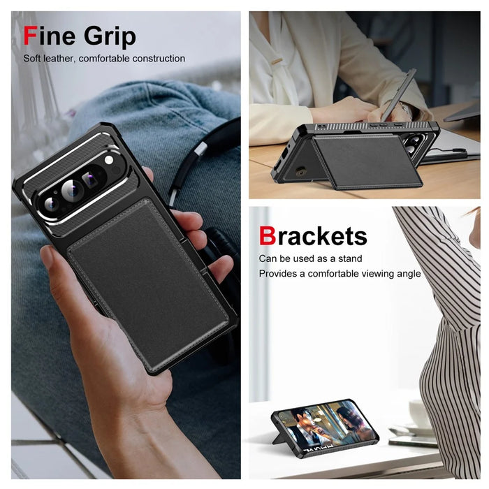 For Google Pixel 10 / Pixel 10 Pro Case Card Slot Kickstand Leather + TPU Reinforced Corner Phone Cover - Black - 7