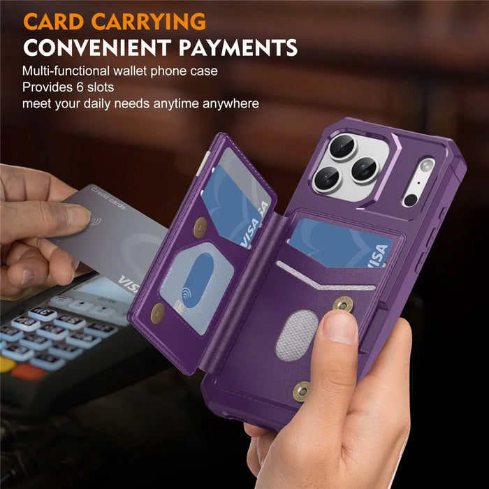For iPhone 17 Pro Case RFID Blocking Card Slot Kickstand Leather + TPU Phone Cover - Purple - 4