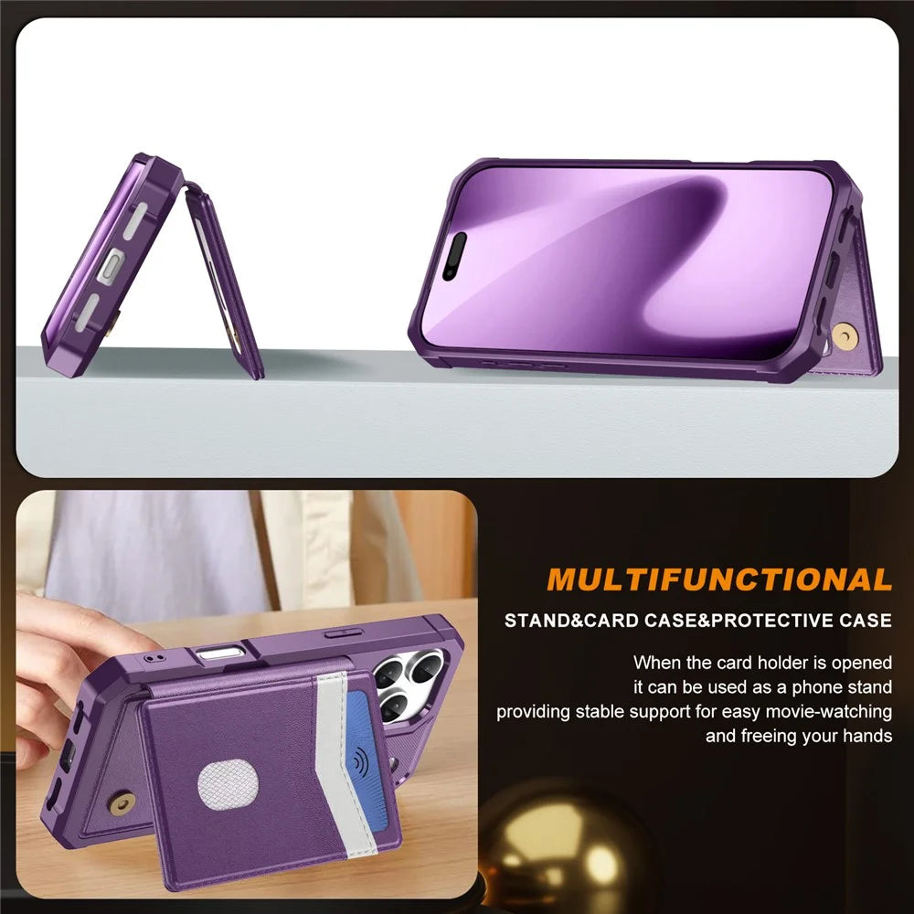 For iPhone 17 Pro Max Case RFID Blocking Card Slot Kickstand Leather + TPU Phone Cover - Purple - 6
