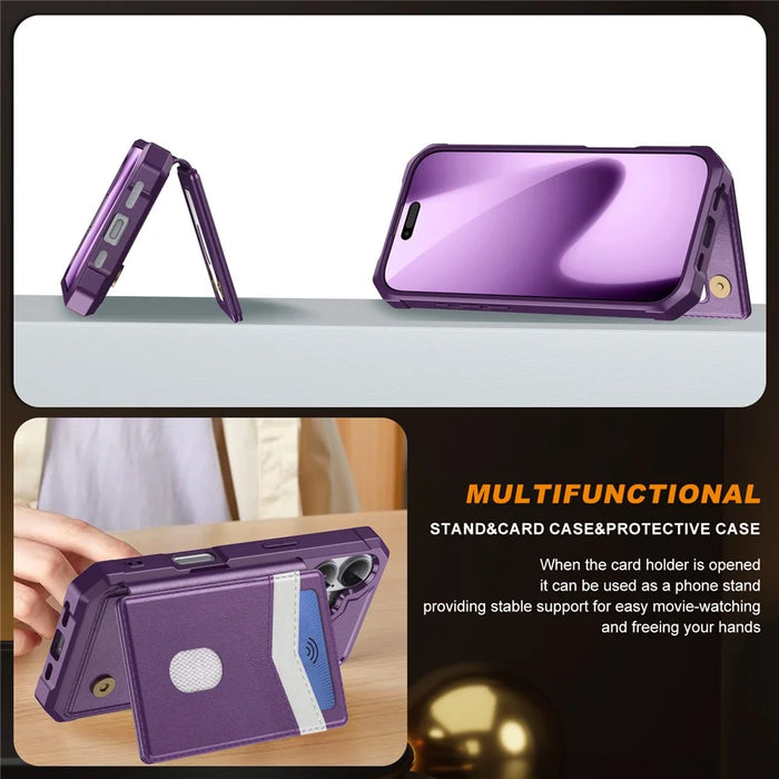 For iPhone 17 Case RFID Blocking Card Slot Kickstand Leather + TPU Phone Cover - Purple - 6