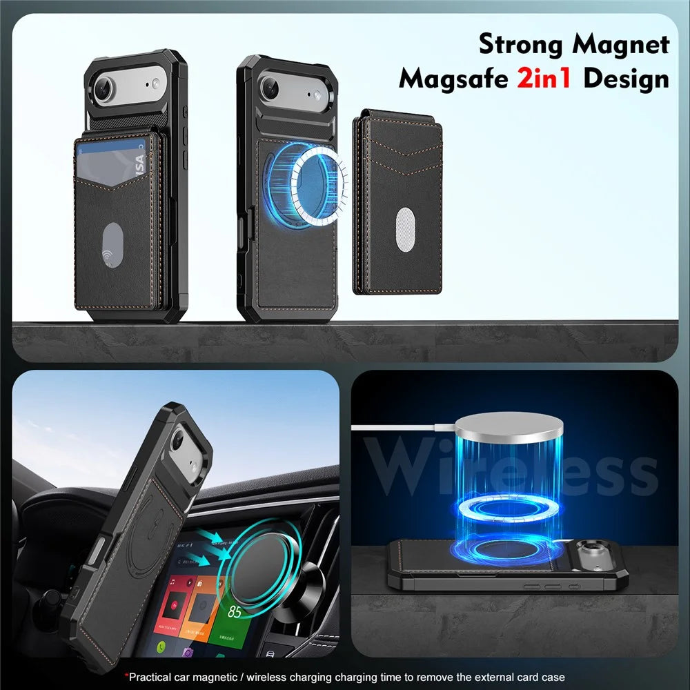For iPhone Air Magnetic Case Detachable Card Slot Kickstand Leather + TPU Phone Cover - Black - 5