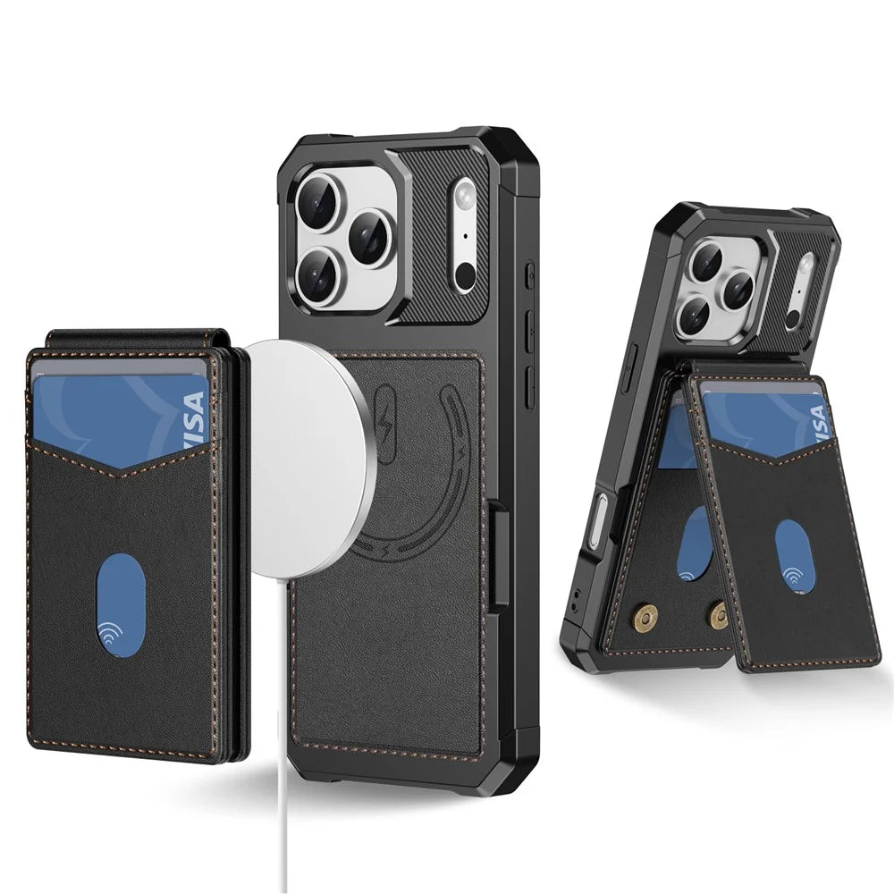 For iPhone 17 Pro Magnetic Case Detachable Card Slot Kickstand Leather + TPU Phone Cover - Black - 1