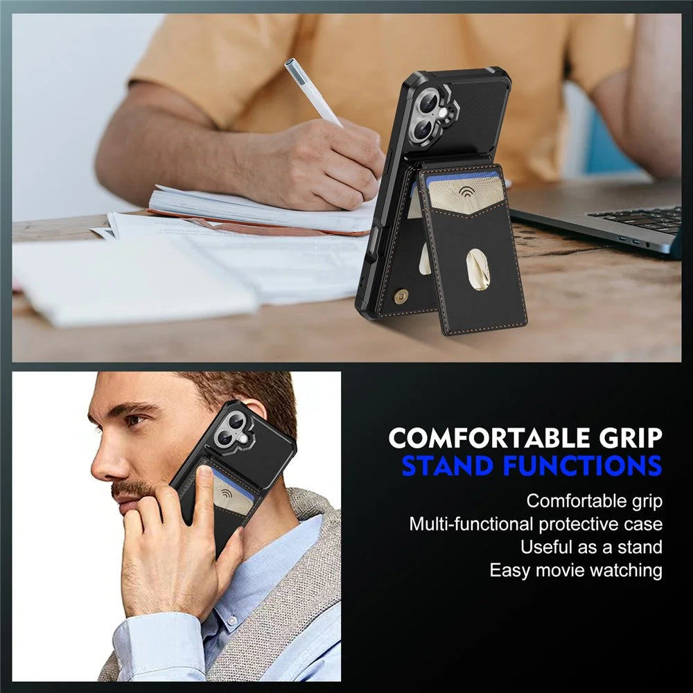 For iPhone 17 Magnetic Case Detachable Card Slot Kickstand Leather + TPU Phone Cover - Black - 6