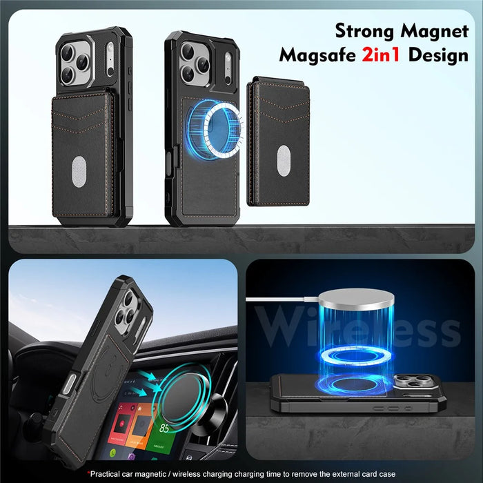 For iPhone 17 Pro Max Magnetic Case Detachable Card Slot Kickstand Leather + TPU Phone Cover - Black - 5