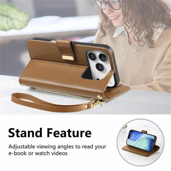 For iPhone 18 Pro Max / 17 Pro Max Case Floral Leaf Pattern Multi Card Slots Zipper Leather Phone Cover with Wrist Strap - Brown - 6