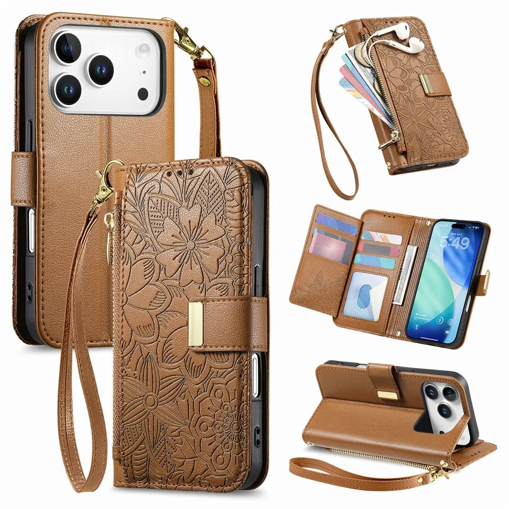 For iPhone 18 Pro / 17 Pro Case Floral Leaf Pattern Multi Card Slots Zipper Leather Phone Cover with Wrist Strap - Brown - 1