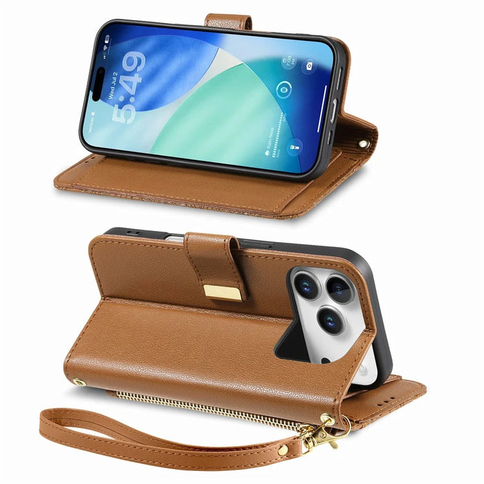 For iPhone 18 Pro / 17 Pro Case Floral Leaf Pattern Multi Card Slots Zipper Leather Phone Cover with Wrist Strap - Brown - 3