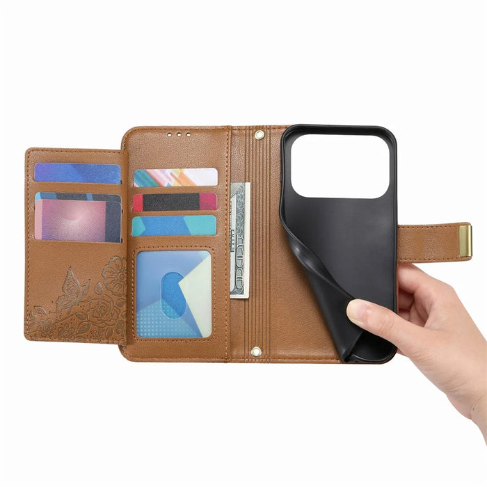 For iPhone 18 Pro / 17 Pro Case Floral Leaf Pattern Multi Card Slots Zipper Leather Phone Cover with Wrist Strap - Brown - 4