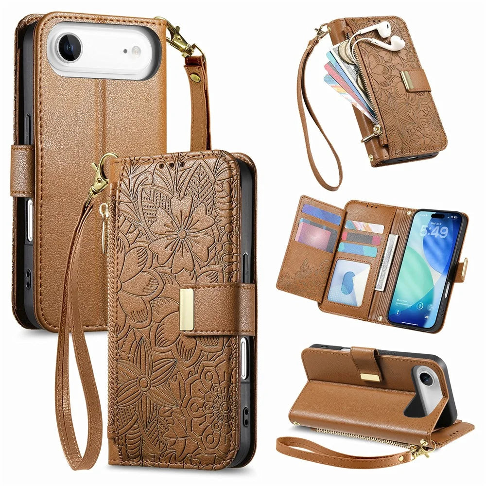 For iPhone Air Case Floral Leaf Pattern Multi Card Slots Zipper Leather Phone Cover with Wrist Strap - Brown - 1