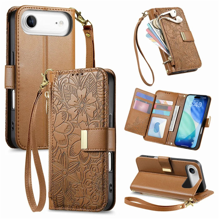 For iPhone Air Case Floral Leaf Pattern Multi Card Slots Zipper Leather Phone Cover with Wrist Strap - Brown - 1