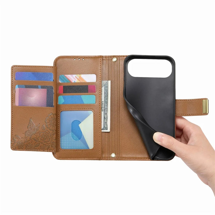 For iPhone Air Case Floral Leaf Pattern Multi Card Slots Zipper Leather Phone Cover with Wrist Strap - Brown - 3