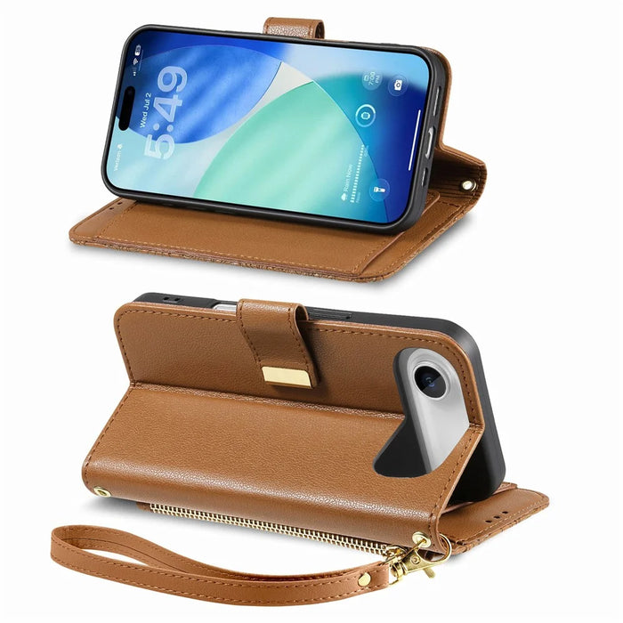 For iPhone Air Case Floral Leaf Pattern Multi Card Slots Zipper Leather Phone Cover with Wrist Strap - Brown - 4