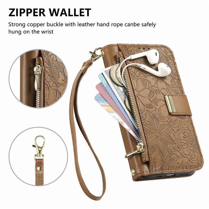 For iPhone Air Case Floral Leaf Pattern Multi Card Slots Zipper Leather Phone Cover with Wrist Strap - Brown - 7