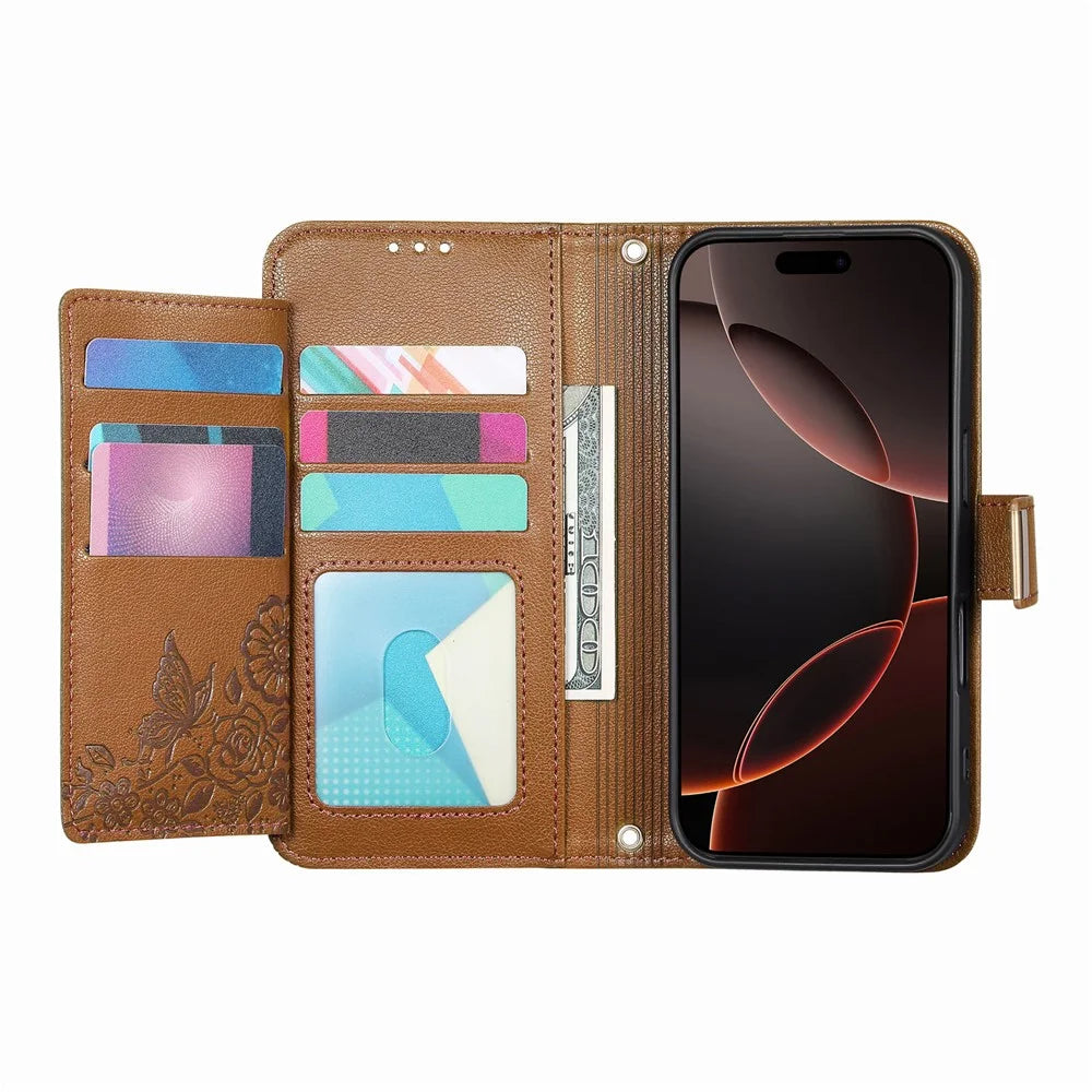 For iPhone 17 Case Floral Leaf Pattern Multi Card Slots Zipper Leather Phone Cover with Wrist Strap - Brown - 2