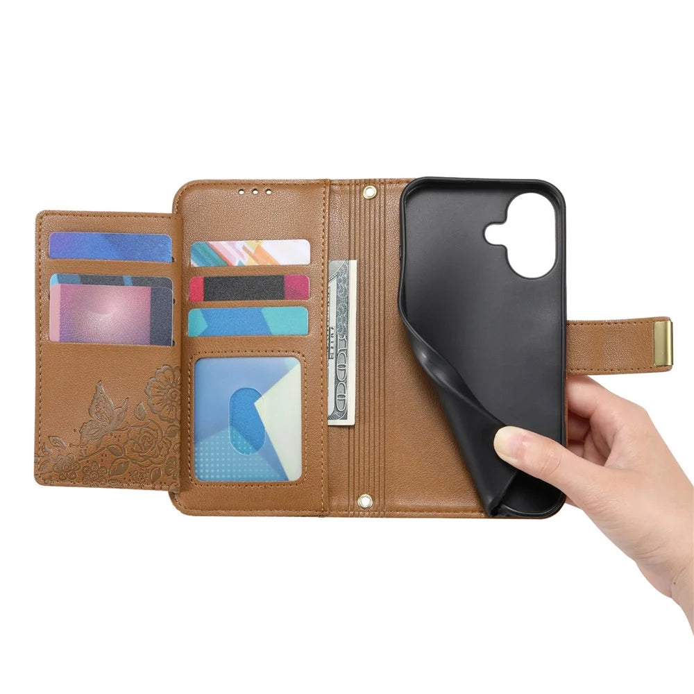 For iPhone 17 Case Floral Leaf Pattern Multi Card Slots Zipper Leather Phone Cover with Wrist Strap - Brown - 4