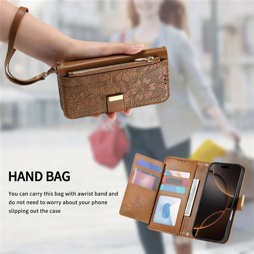 For iPhone 17 Case Floral Leaf Pattern Multi Card Slots Zipper Leather Phone Cover with Wrist Strap - Brown - 5