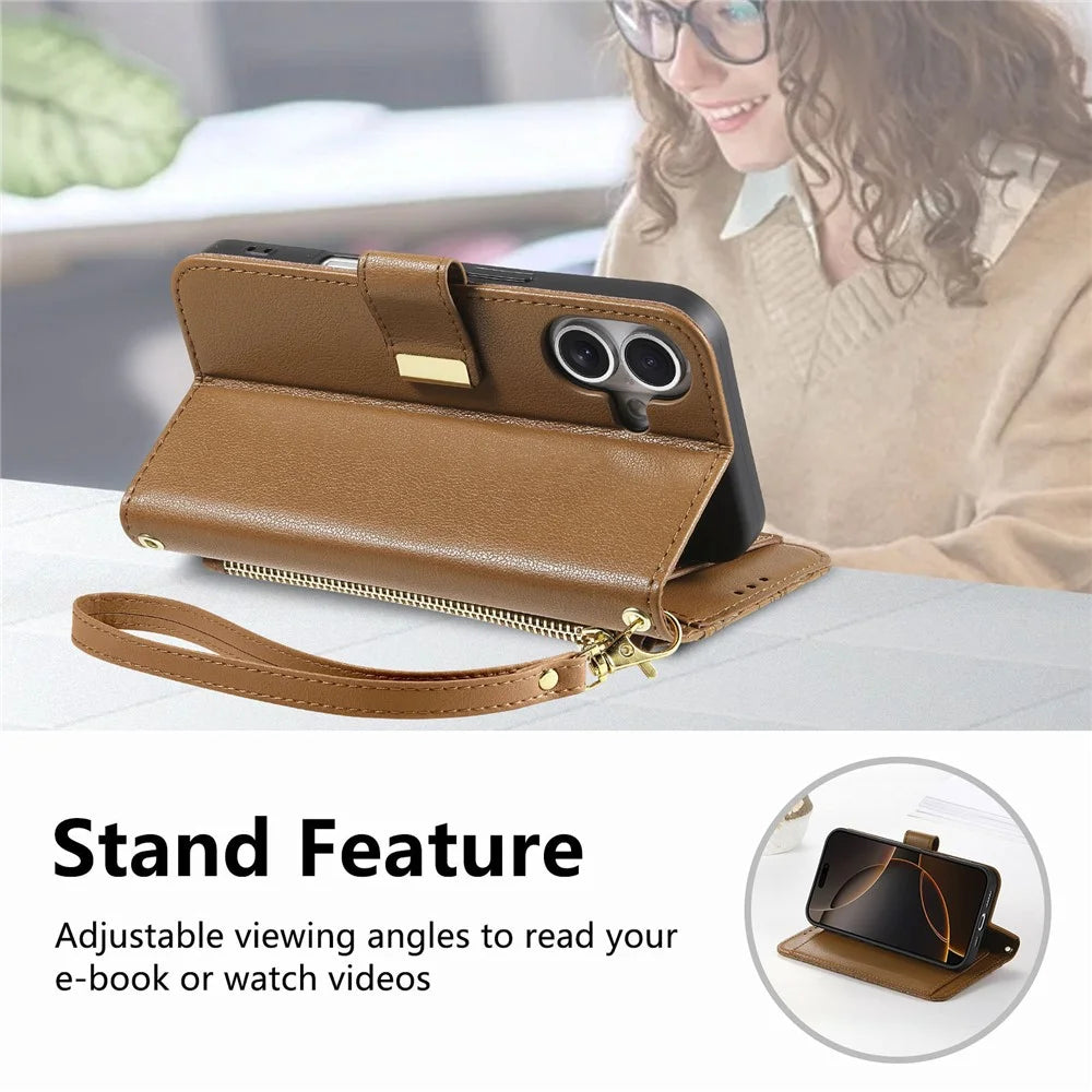 For iPhone 17 Case Floral Leaf Pattern Multi Card Slots Zipper Leather Phone Cover with Wrist Strap - Brown - 6